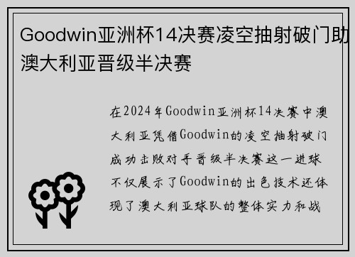 Goodwin亚洲杯14决赛凌空抽射破门助澳大利亚晋级半决赛
