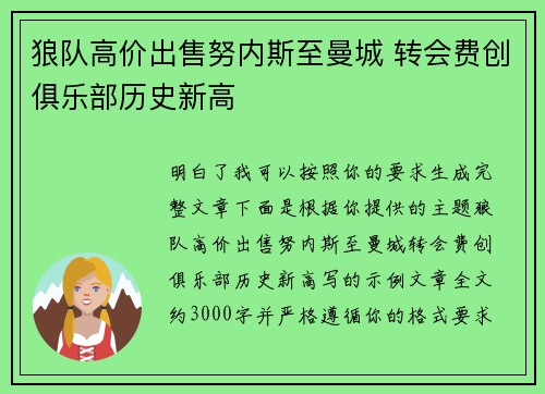 狼队高价出售努内斯至曼城 转会费创俱乐部历史新高